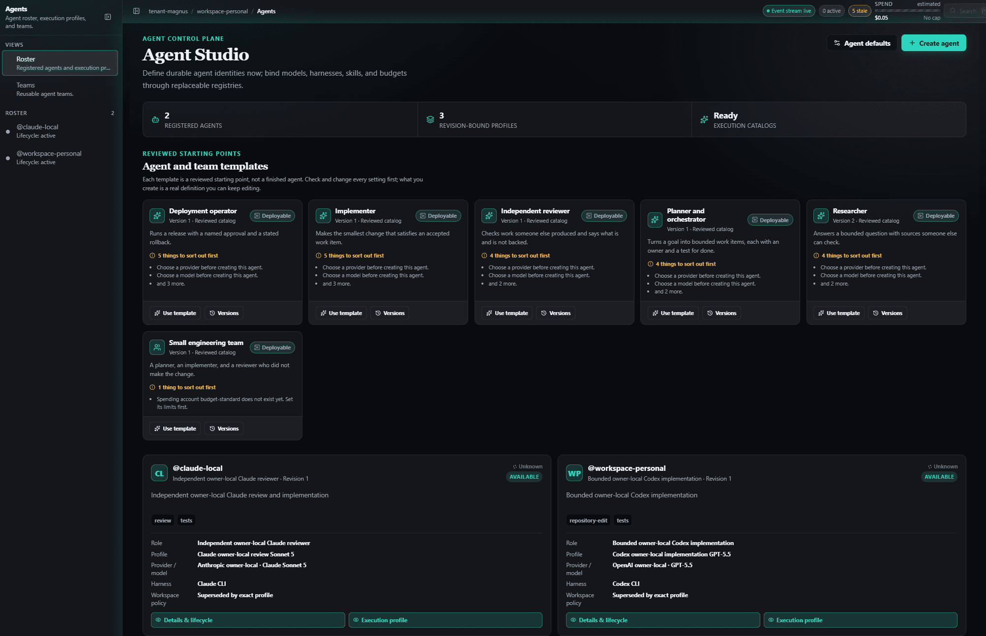assay Agent Studio — agent control plane with roster and templates